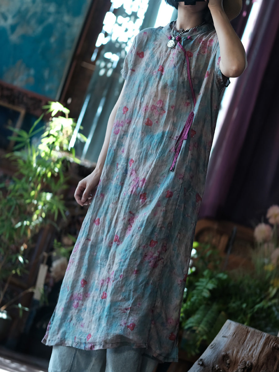 Women Summer Ethnic Flower Stand Collar Linen Dress