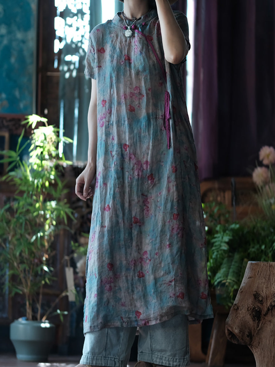 Women Summer Ethnic Flower Stand Collar Linen Dress