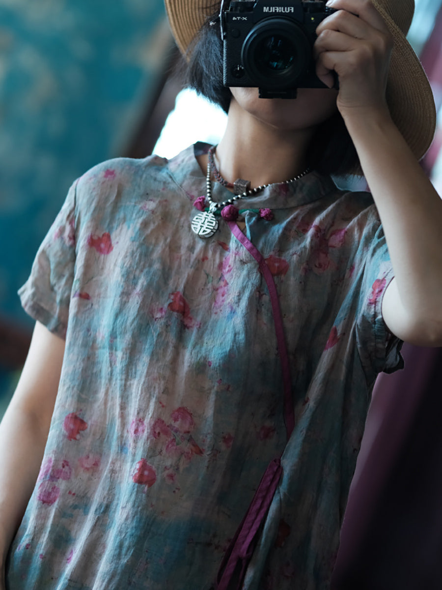 Women Summer Ethnic Flower Stand Collar Linen Dress