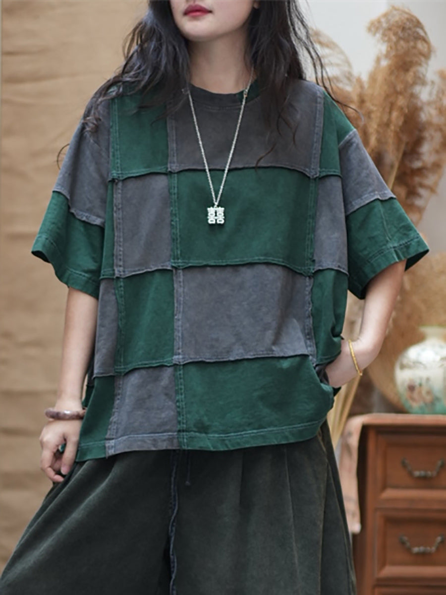 Women Summer Retro Colorblock Plaid O-Neck Cotton Shirt