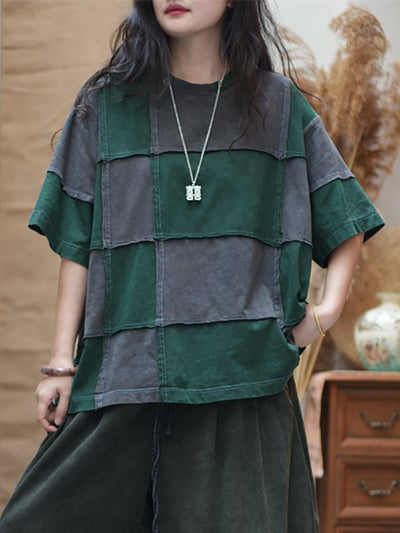 Women Summer Retro Colorblock Plaid O-Neck Cotton Shirt