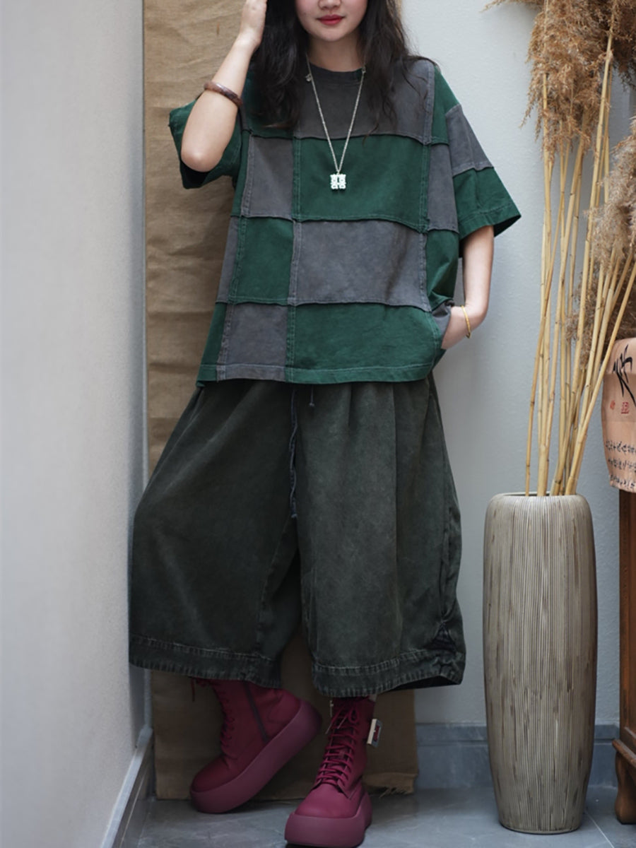 Women Summer Retro Colorblock Plaid O-Neck Cotton Shirt