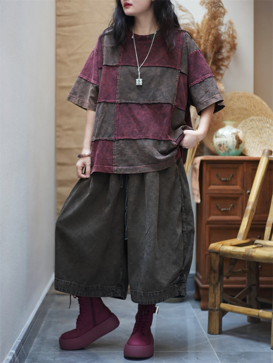 Women Summer Retro Colorblock Plaid O-Neck Cotton Shirt