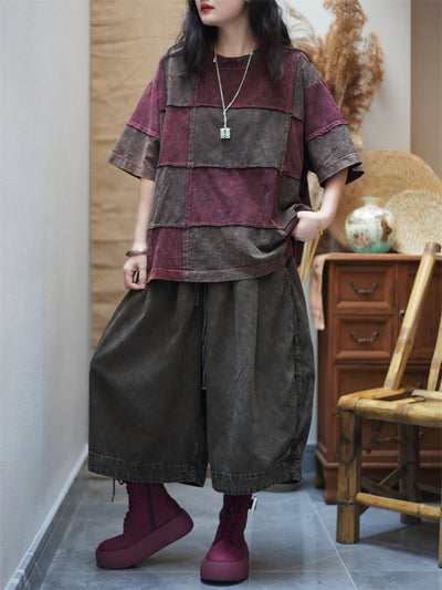 Women Summer Retro Colorblock Plaid O-Neck Cotton Shirt