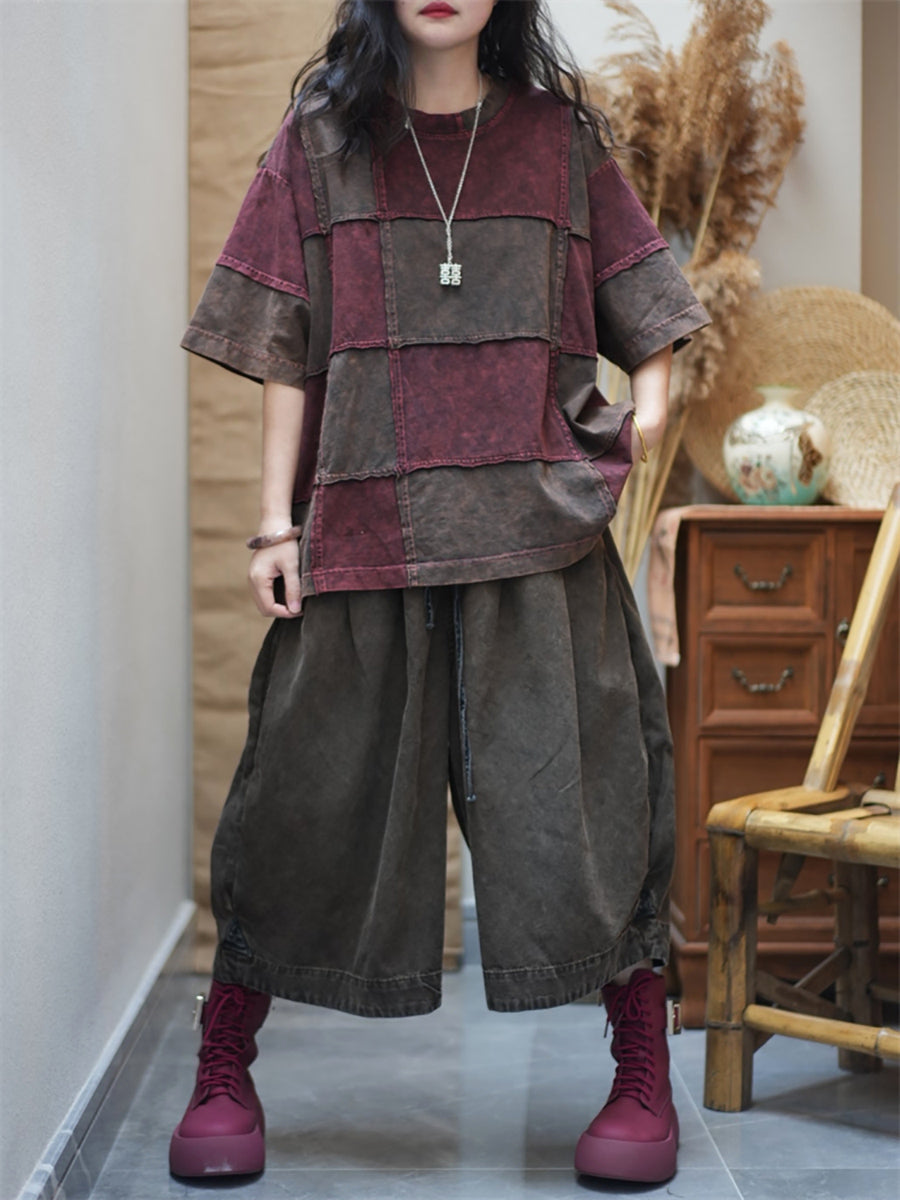 Women Summer Retro Colorblock Plaid O-Neck Cotton Shirt