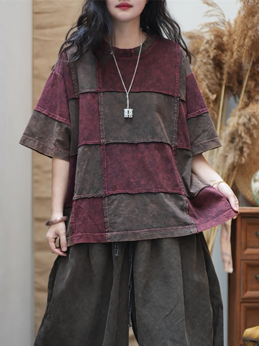 Women Summer Retro Colorblock Plaid O-Neck Cotton Shirt