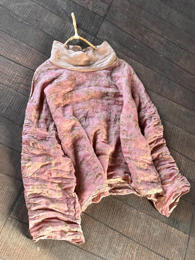 Women Spring Artsy Flower Heaps Collar Ramie Shirt