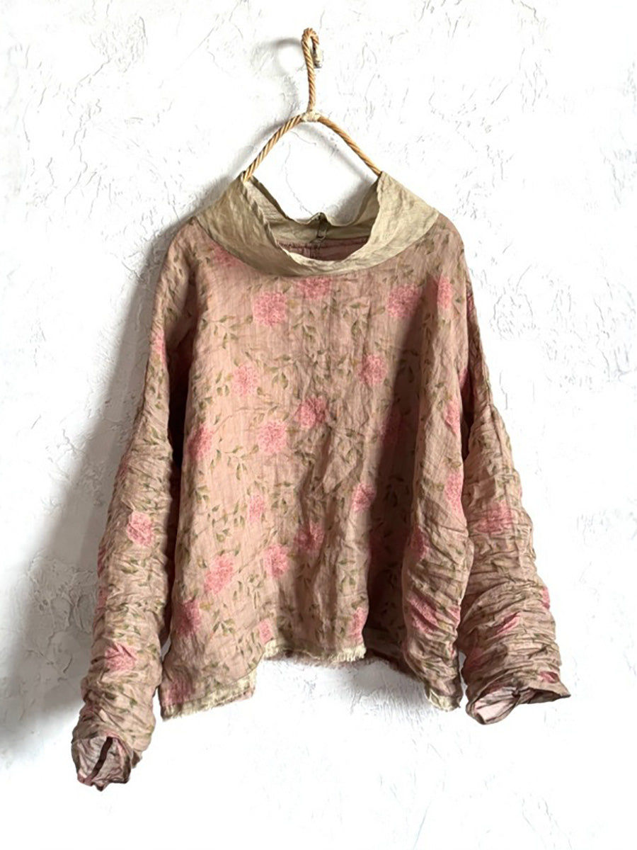 Women Spring Artsy Flower Heaps Collar Ramie Shirt