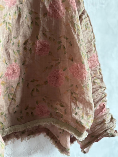 Women Spring Artsy Flower Heaps Collar Ramie Shirt