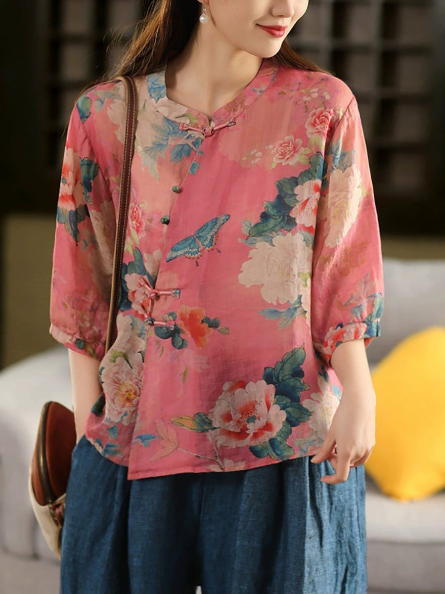 Plus Size Women Summer Retro Flower Stand Collar 100%Ramie Shirt