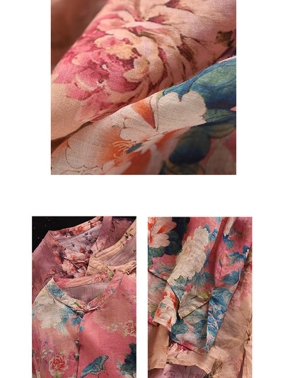 Plus Size Women Summer Retro Flower Stand Collar 100%Ramie Shirt