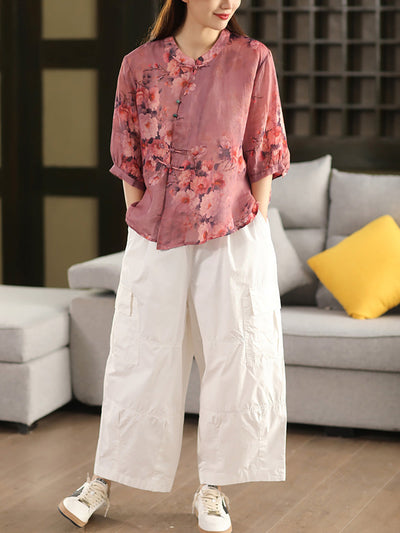 Plus Size Women Summer Retro Flower Stand Collar 100%Ramie Shirt