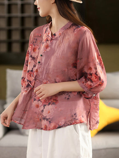 Plus Size Women Summer Retro Flower Stand Collar 100%Ramie Shirt