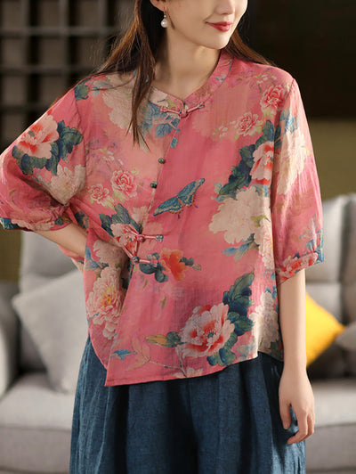 Plus Size Women Summer Retro Flower Stand Collar 100%Ramie Shirt