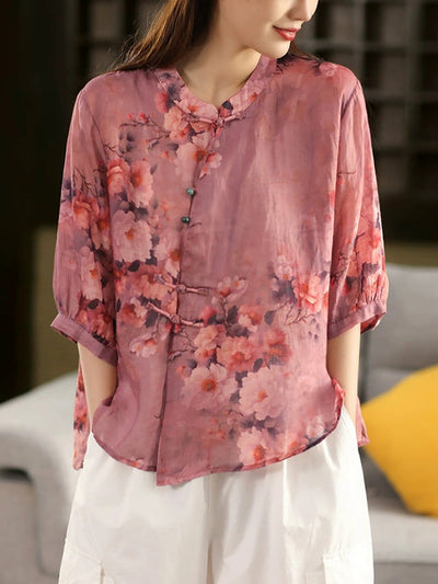 Plus Size Women Summer Retro Flower Stand Collar 100%Ramie Shirt