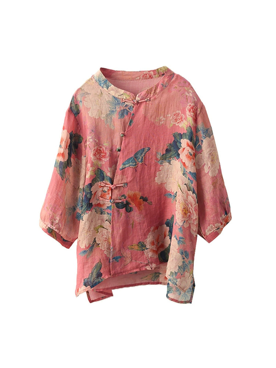 Plus Size Women Summer Retro Flower Stand Collar 100%Ramie Shirt