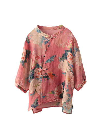 Plus Size Women Summer Retro Flower Stand Collar 100%Ramie Shirt