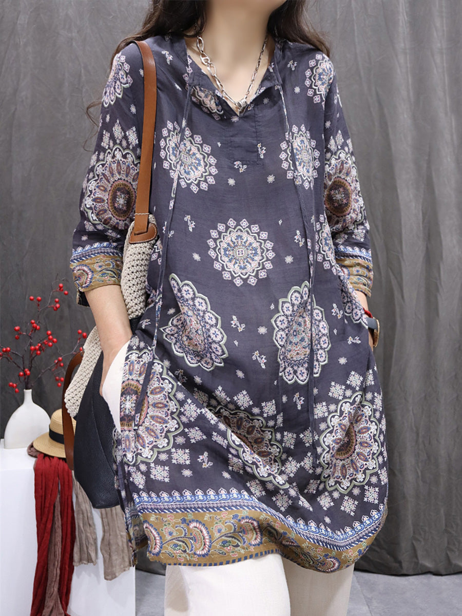 Women Spring Artsy O-Neck Flower 100%Ramie Shirt