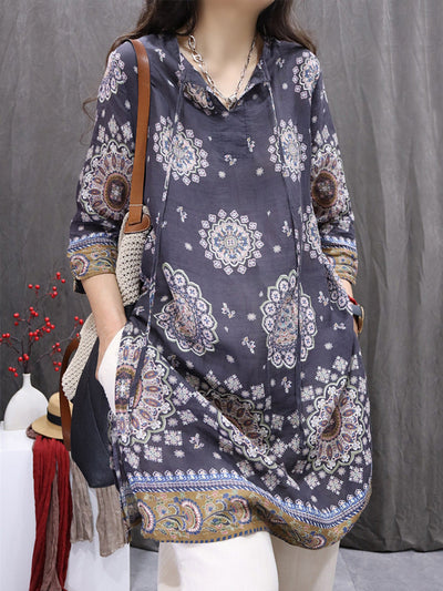 Women Spring Artsy O-Neck Flower 100%Ramie Shirt