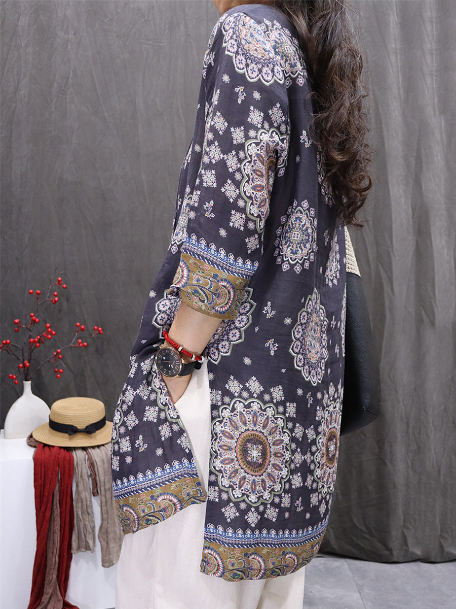 Women Spring Artsy O-Neck Flower 100%Ramie Shirt