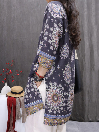 Women Spring Artsy O-Neck Flower 100%Ramie Shirt