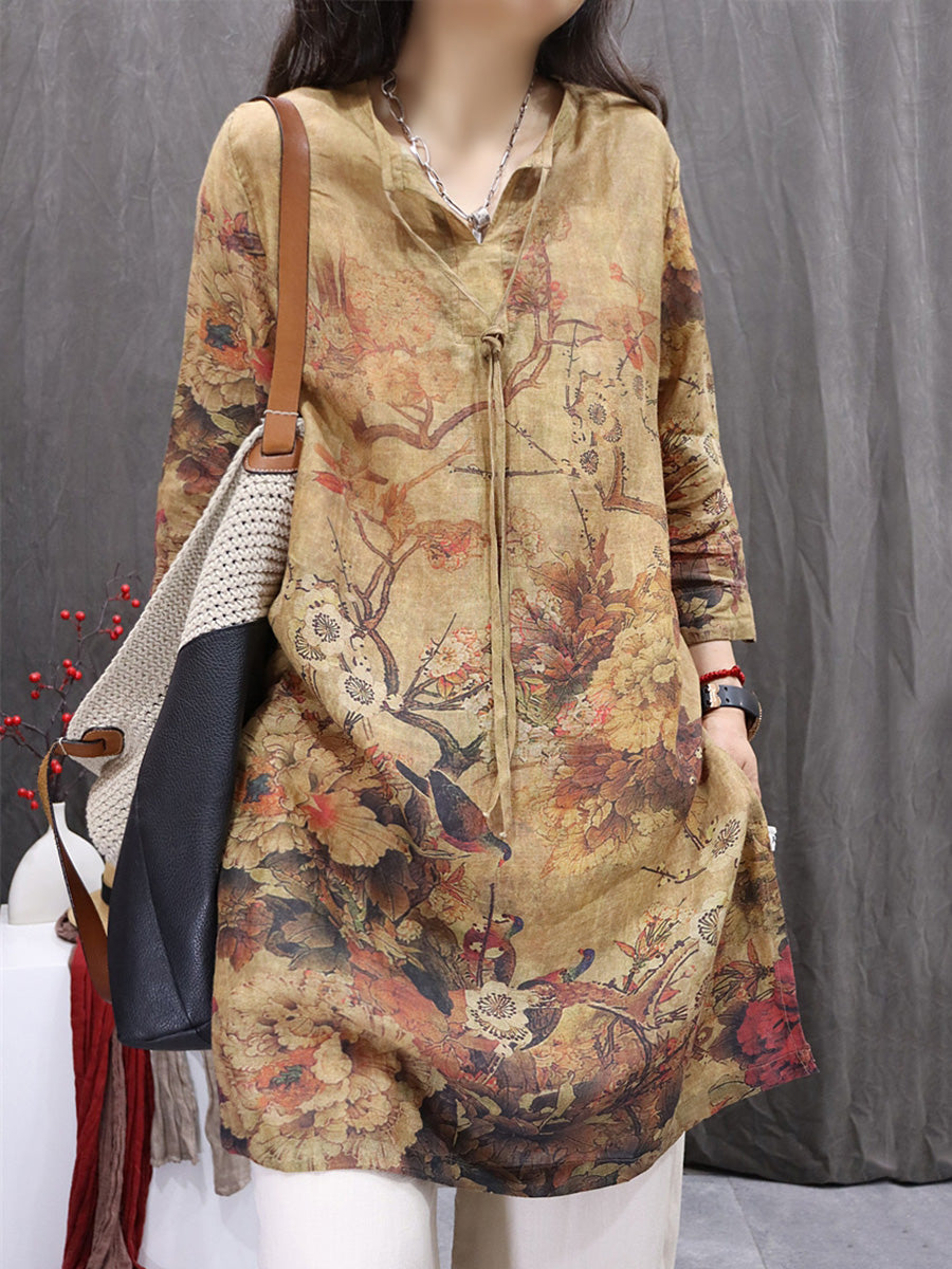 Women Spring Artsy O-Neck Flower 100%Ramie Shirt