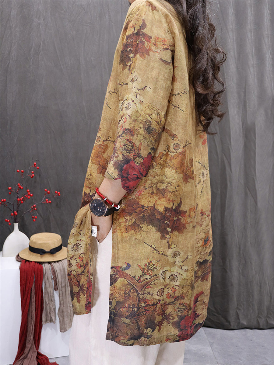 Women Spring Artsy O-Neck Flower 100%Ramie Shirt