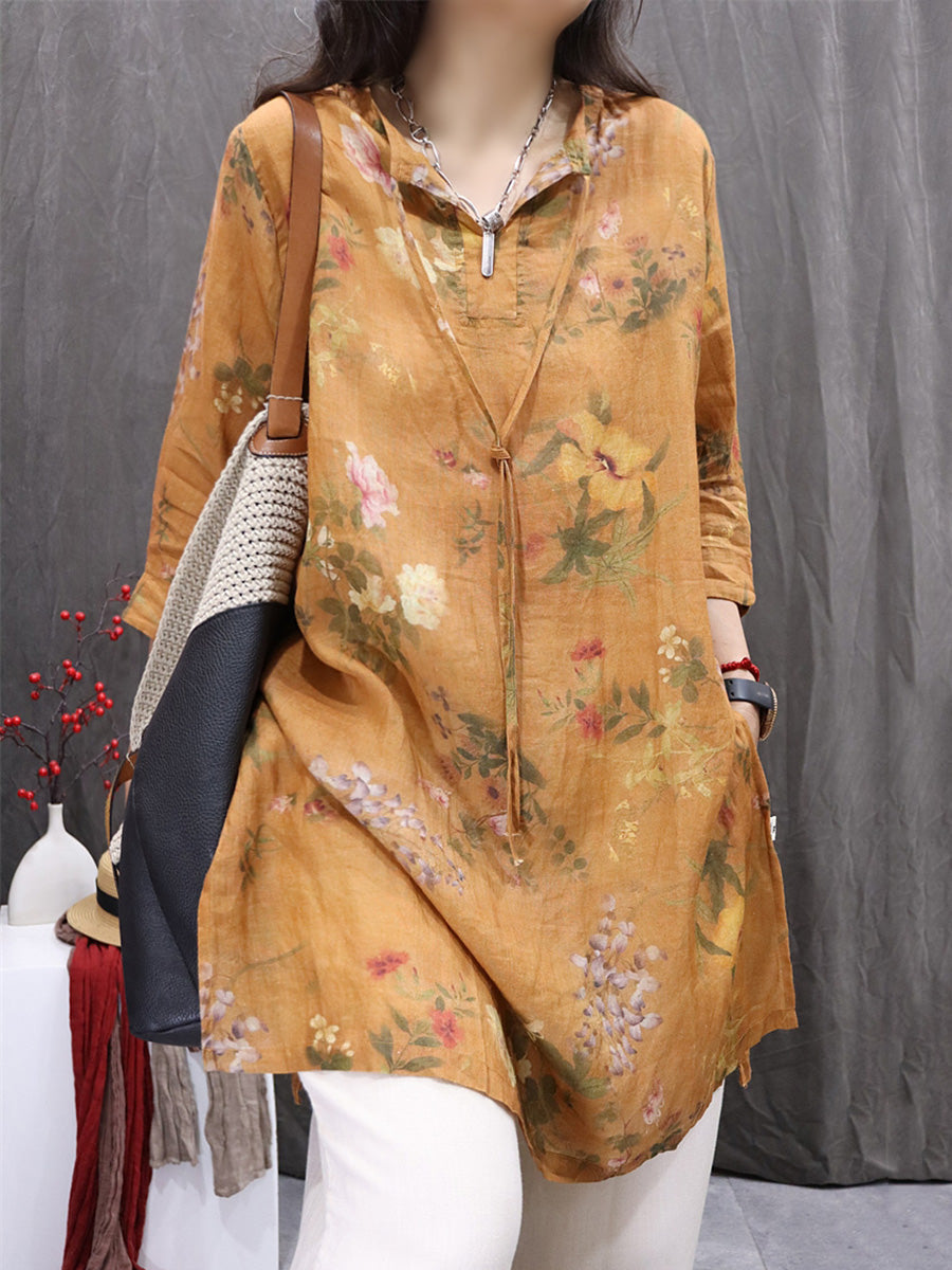 Women Spring Artsy O-Neck Flower 100%Ramie Shirt