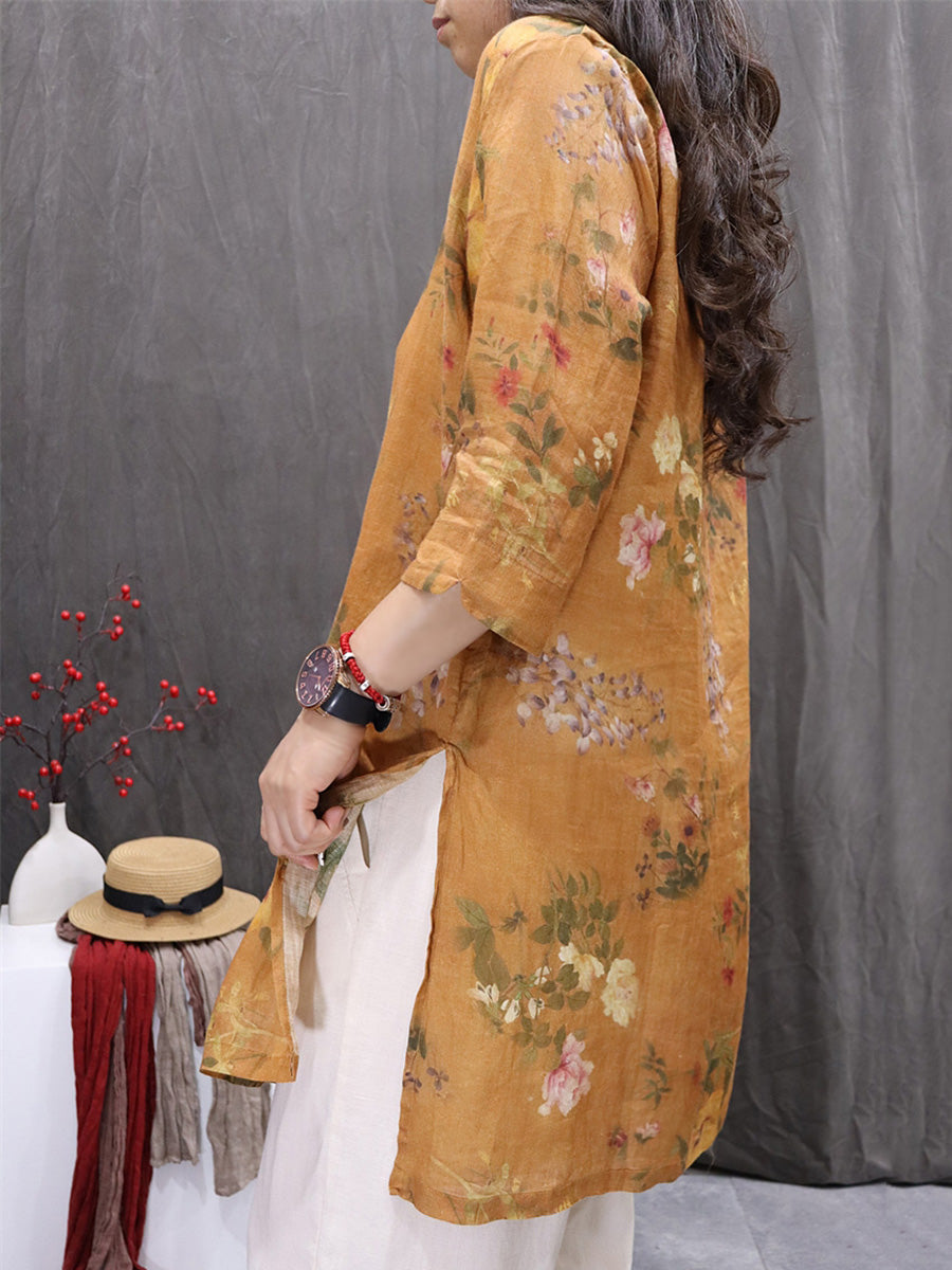 Women Spring Artsy O-Neck Flower 100%Ramie Shirt