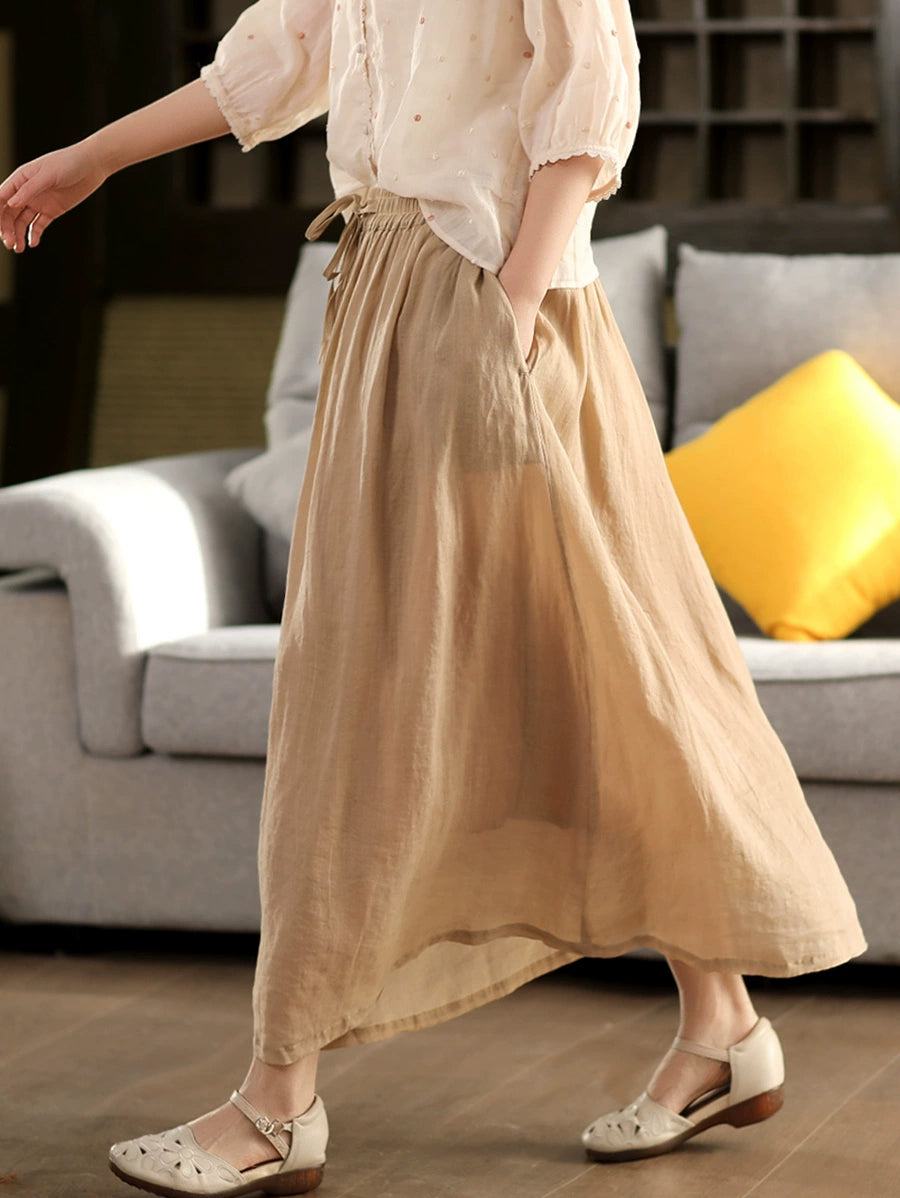 Plus Size Women Casual Solid Ramie Summer Skirts