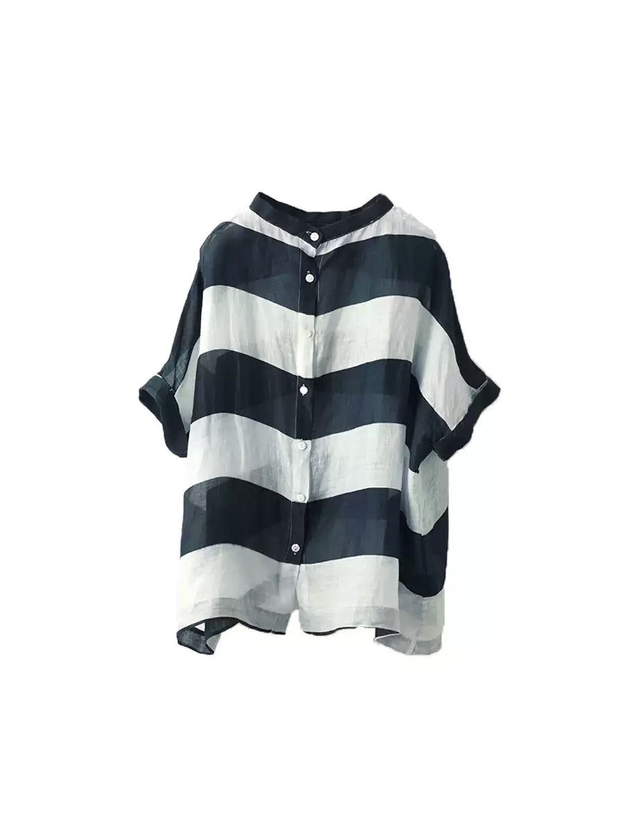 Women Summer Stripe Stand Collar 100%Ramie Thin Shirt