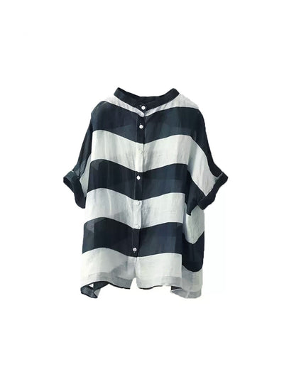 Women Summer Stripe Stand Collar 100%Ramie Thin Shirt