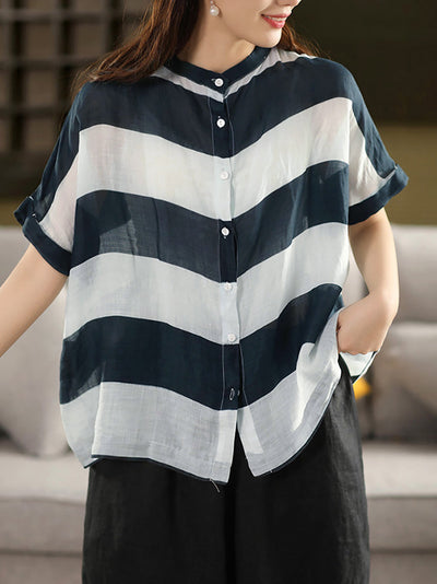 Women Summer Stripe Stand Collar 100%Ramie Thin Shirt