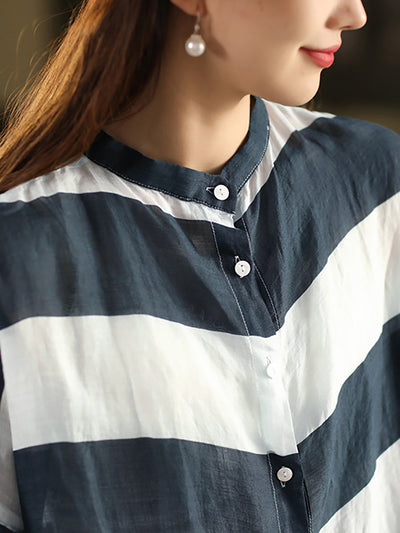 Women Summer Stripe Stand Collar 100%Ramie Thin Shirt