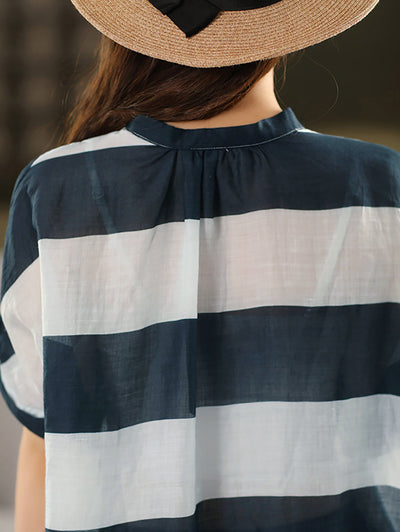 Women Summer Stripe Stand Collar 100%Ramie Thin Shirt