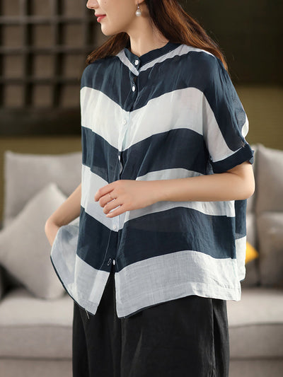 Women Summer Stripe Stand Collar 100%Ramie Thin Shirt