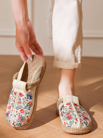 Women Summer Ethnic Flower Embroidery Cotton Slippers