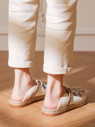 Women Summer Ethnic Flower Embroidery Cotton Slippers