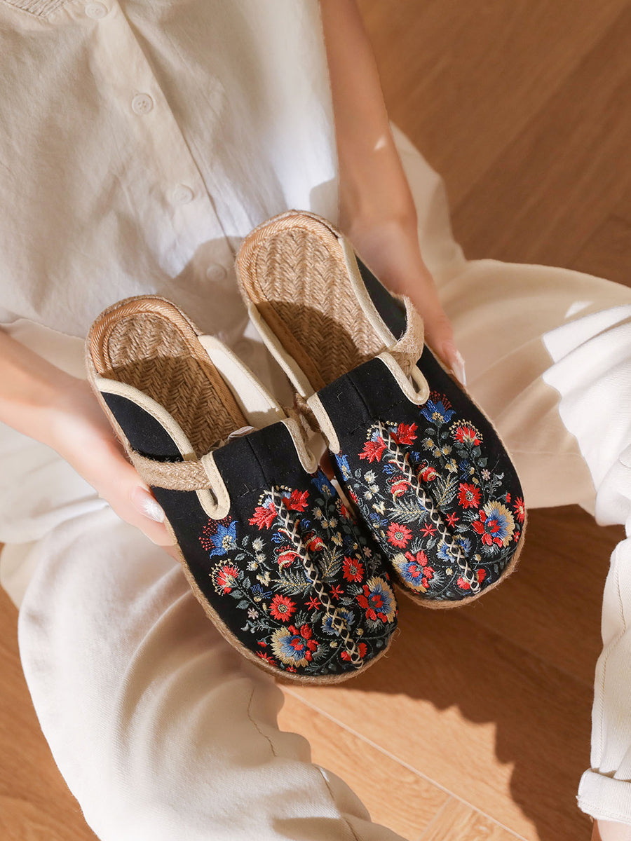 Women Summer Ethnic Flower Embroidery Cotton Slippers