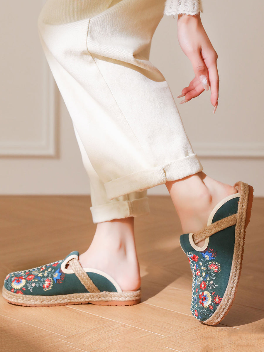Women Summer Ethnic Flower Embroidery Cotton Slippers