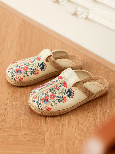 Women Summer Ethnic Flower Embroidery Cotton Slippers