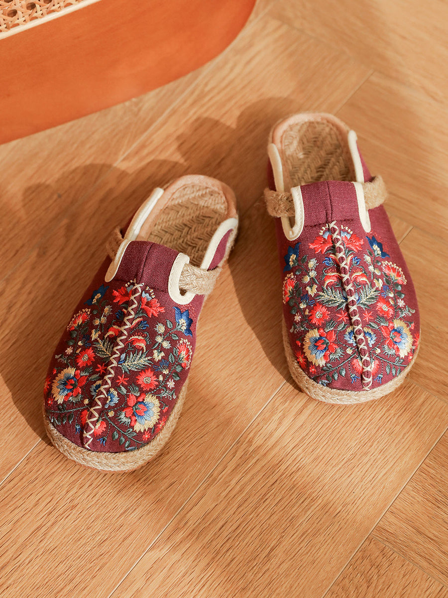 Women Summer Ethnic Flower Embroidery Cotton Slippers