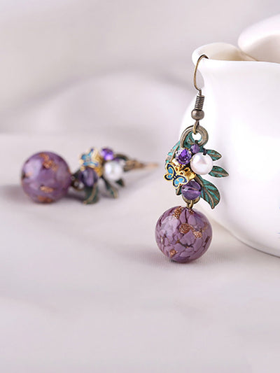 Women Ethnic Glass Bead Copper Cloisonne Earrings
