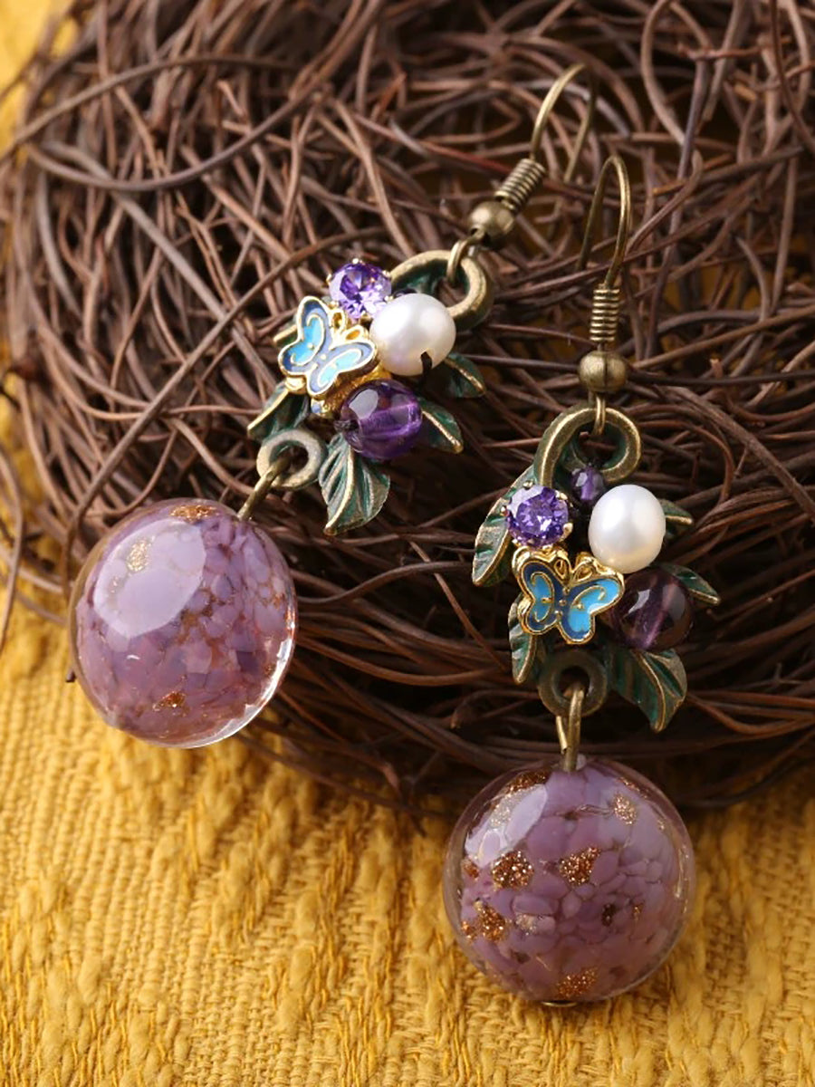 Women Ethnic Glass Bead Copper Cloisonne Earrings