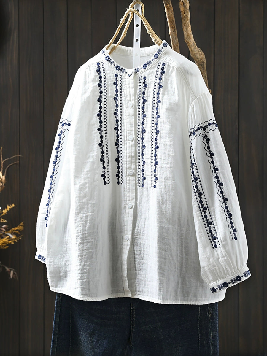 Women Summer Embroidery Stand Collar 100%Cotton Shirt
