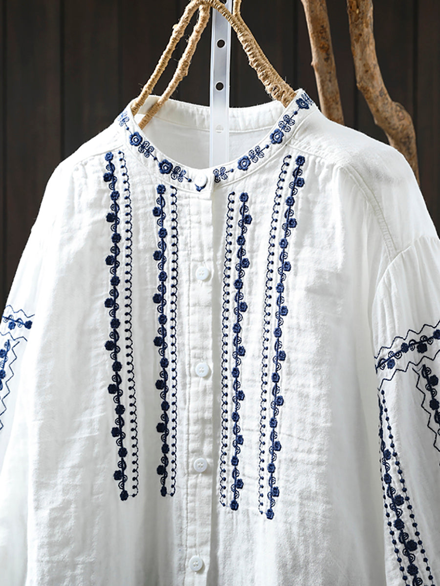 Women Summer Embroidery Stand Collar 100%Cotton Shirt