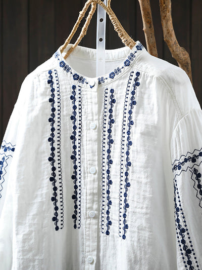 Women Summer Embroidery Stand Collar 100%Cotton Shirt