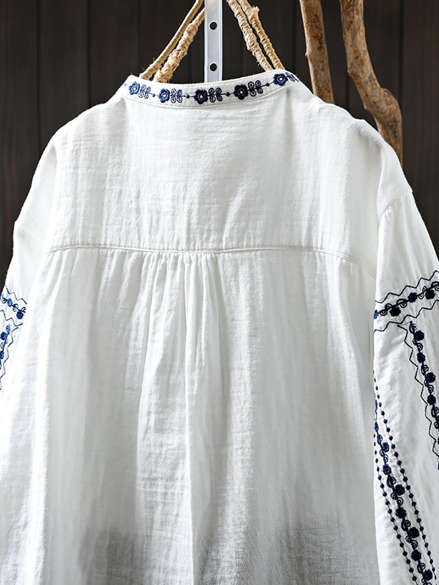 Women Summer Embroidery Stand Collar 100%Cotton Shirt