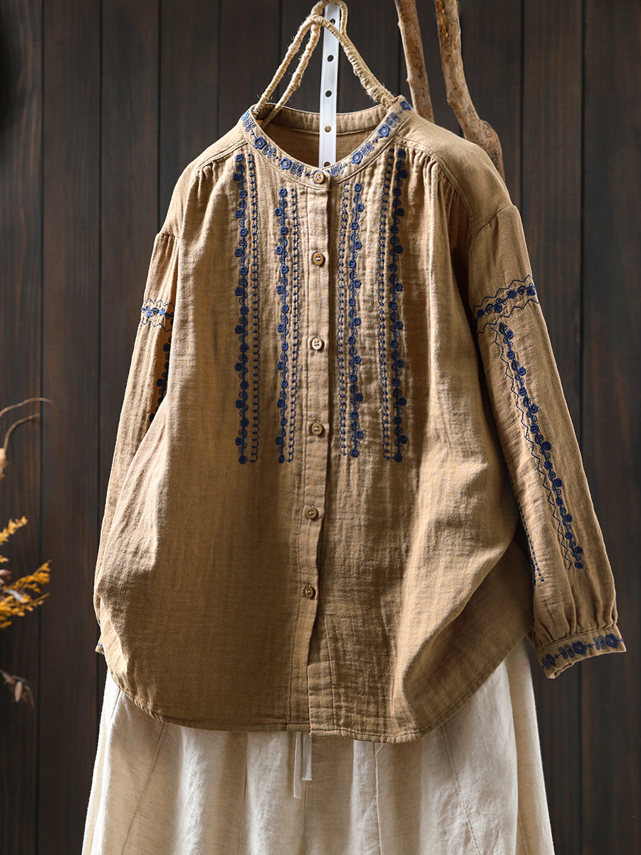 Women Summer Embroidery Stand Collar 100%Cotton Shirt