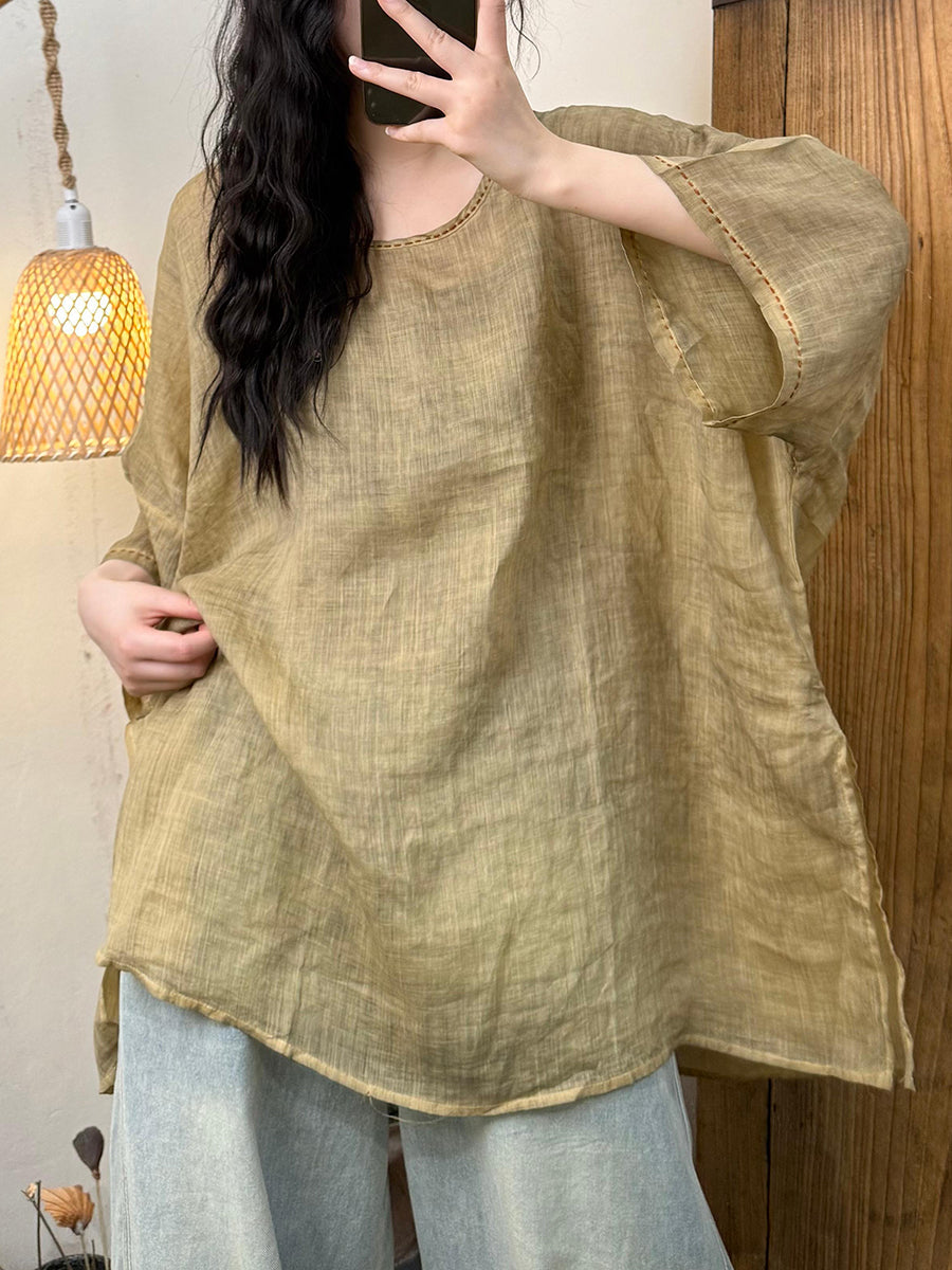 Women Summer Vintage Pure Color O-Neck Ramie Shirt